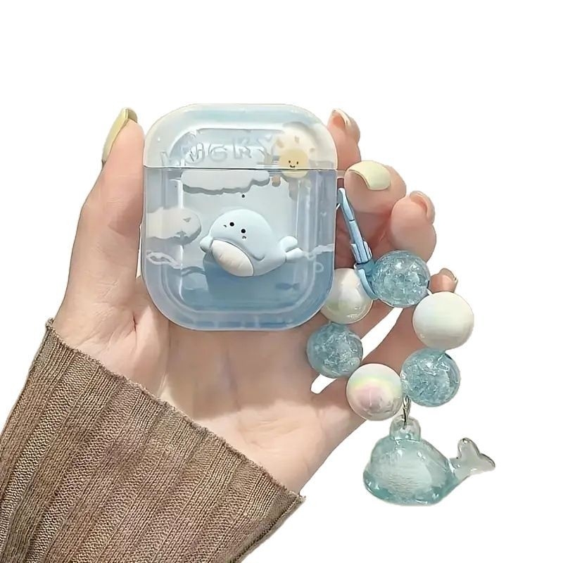 Carcasă AirPods Pro/Pro2/Pro3 – Delfin desen animat Ocean albastru, TPU, turnare prin injecție, transparentă, personalizabilă