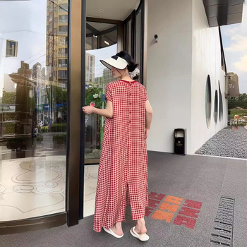 Rochie, material bumbac-satin, lungă, mâneci scurte, guler rotund