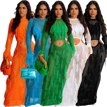 Rochie de plajă tricotată cu decupaje și ciucuri, mâneci lungi, talie înaltă, poliester
