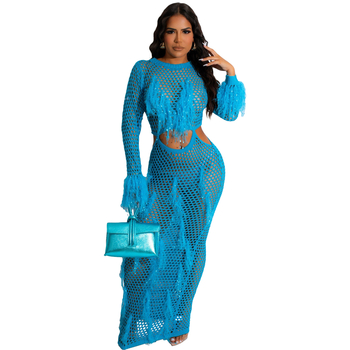 Rochie de plajă tricotată cu decupaje și ciucuri, mâneci lungi, talie înaltă, poliester