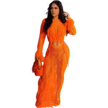 Rochie de plajă tricotată cu decupaje și ciucuri, mâneci lungi, talie înaltă, poliester