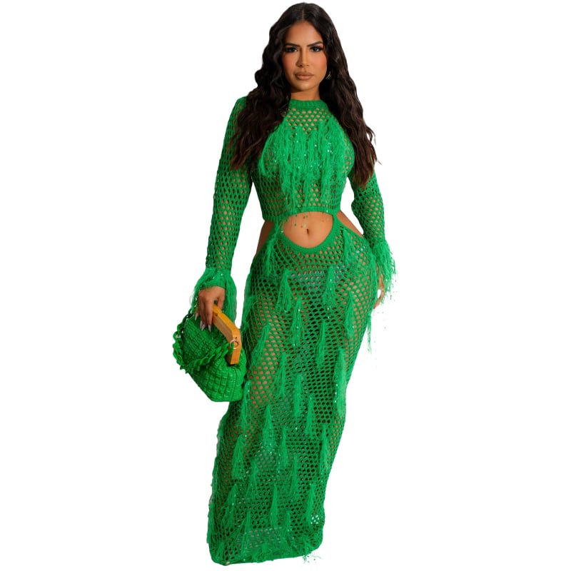 Rochie de plajă tricotată cu decupaje și ciucuri, mâneci lungi, talie înaltă, poliester