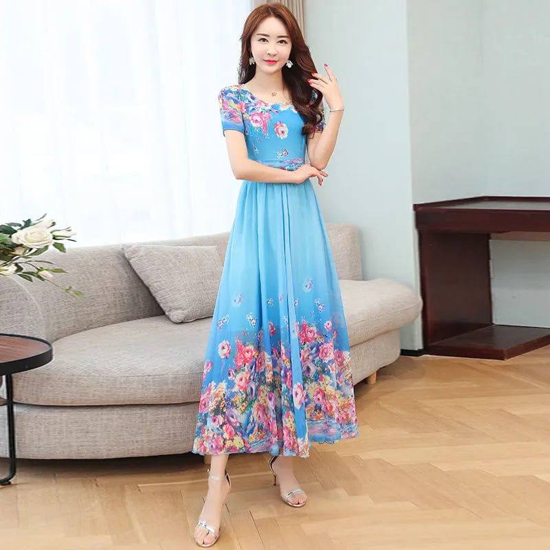 Φόρεμα μίντι από πολυεστέρα με εκτύπωση, στρογγυλός λαιμός και κοντά μανίκια