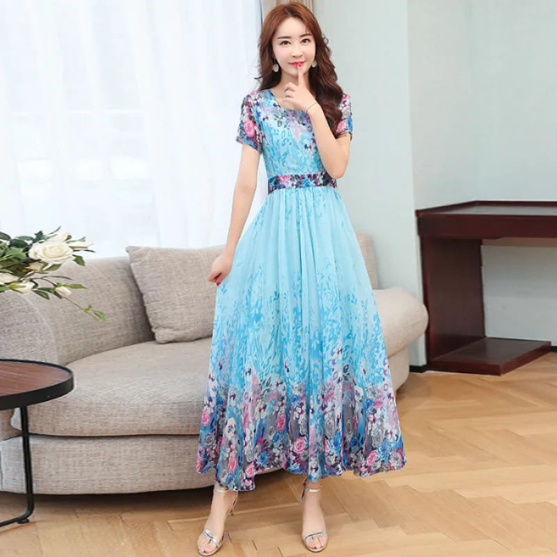 Φόρεμα μίντι από πολυεστέρα με εκτύπωση, στρογγυλός λαιμός και κοντά μανίκια