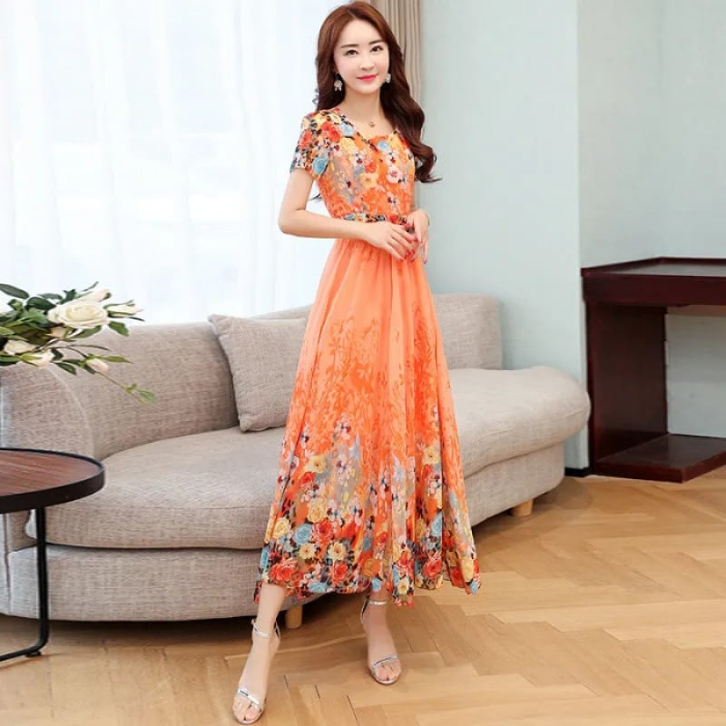 Φόρεμα μίντι από πολυεστέρα με εκτύπωση, στρογγυλός λαιμός και κοντά μανίκια