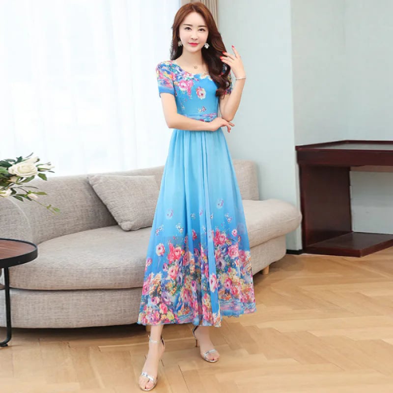 Φόρεμα μίντι από πολυεστέρα με εκτύπωση, στρογγυλός λαιμός και κοντά μανίκια