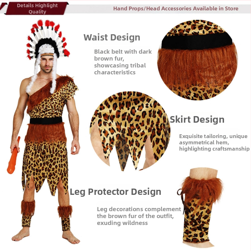 Dječji etnički kostim za Halloween – unisex kostim primitvnog lovca za scenske izvedbe, 100% poliester