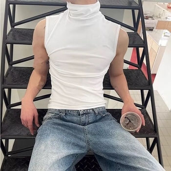 Crna muška sportska vesta s visokim ovratnikom, bez rukava, ljeto, američki streetwear stil