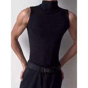 Crna muška sportska vesta s visokim ovratnikom, bez rukava, ljeto, američki streetwear stil