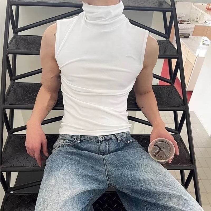 Crna muška sportska vesta s visokim ovratnikom, bez rukava, ljeto, američki streetwear stil