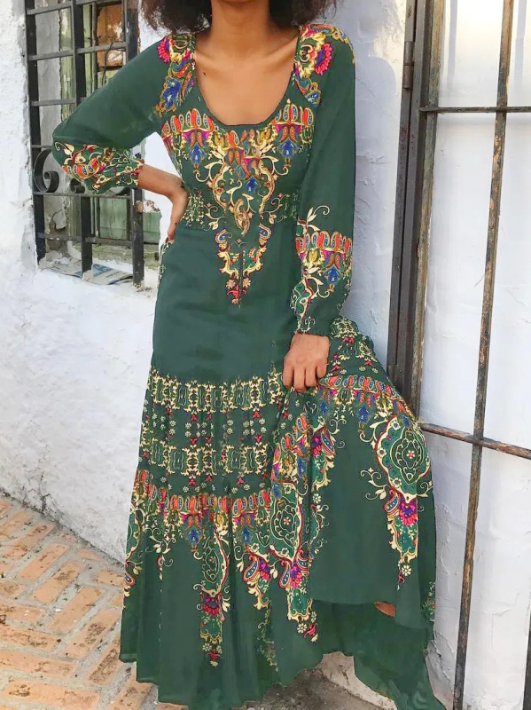 Floralna poliester haljina s dugim rukavima, U izrezom i velikom pendulum suknjom