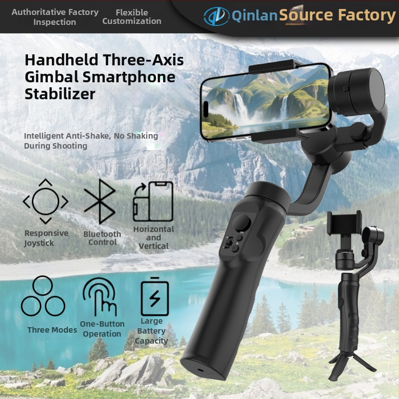 Ručný stabilizátor s tromi osami, ovládanie cez APP a sledovanie tváre pre vlogovanie; ABS materiál, hmotnosť 400 g, 330° otáčanie, 150°/s rýchlosť