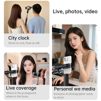 Stabilizátor pre smartphone s sledovaním tváre — klipové uchytenie, 360° horizontálneho a vertikálneho otáčania, ovládanie cez aplikáciu, v balení diaľkové ovládanie