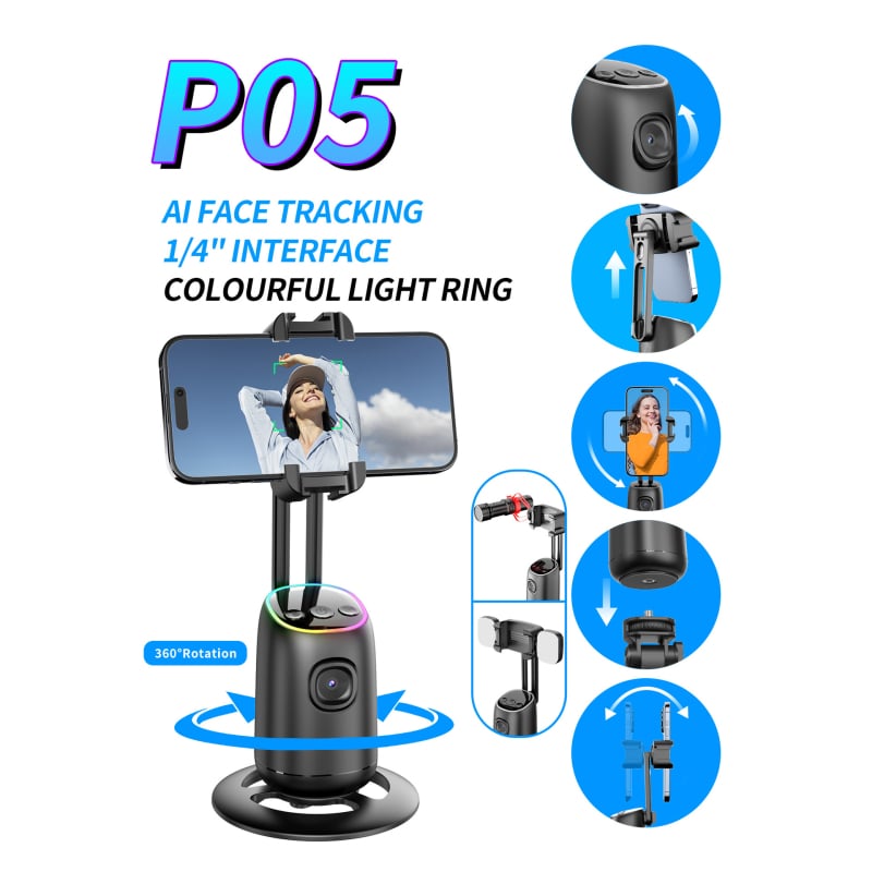 Stabilizator za mobitel za livestream s 360° rotacijom, AI prepoznavanje lica za praćenje, anti-shake stabilizacija, ugrađeno LED osvjetljenje