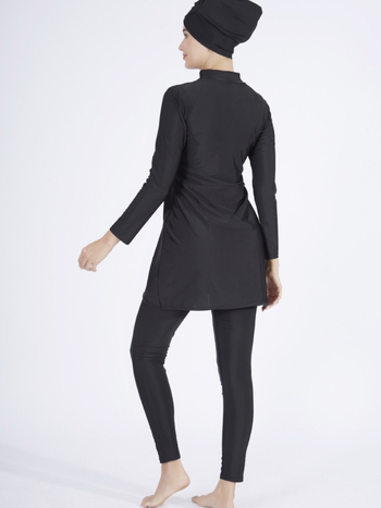 Burkini trodjelni skup plivaćih kostima (top, šešir, hlače) – konzervativan kupaći s zaštitom od sunca, jednofarban, materijal poliester-spandeks, 80% elastičnost, bez umetaka za grudi