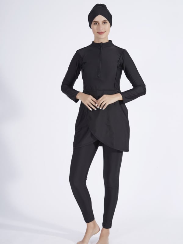 Burkini trodjelni skup plivaćih kostima (top, šešir, hlače) – konzervativan kupaći s zaštitom od sunca, jednofarban, materijal poliester-spandeks, 80% elastičnost, bez umetaka za grudi