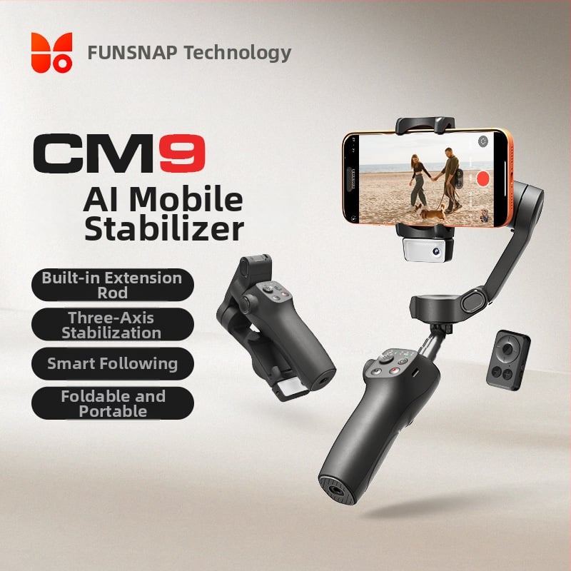 Funsnap Capture Cm9-ai мобилен гимбал за телефон – 3-осен стабилизатор, 360° въртене, Bluetooth, дистанционно, Cm9-ai версия за стриймване на живо на открито