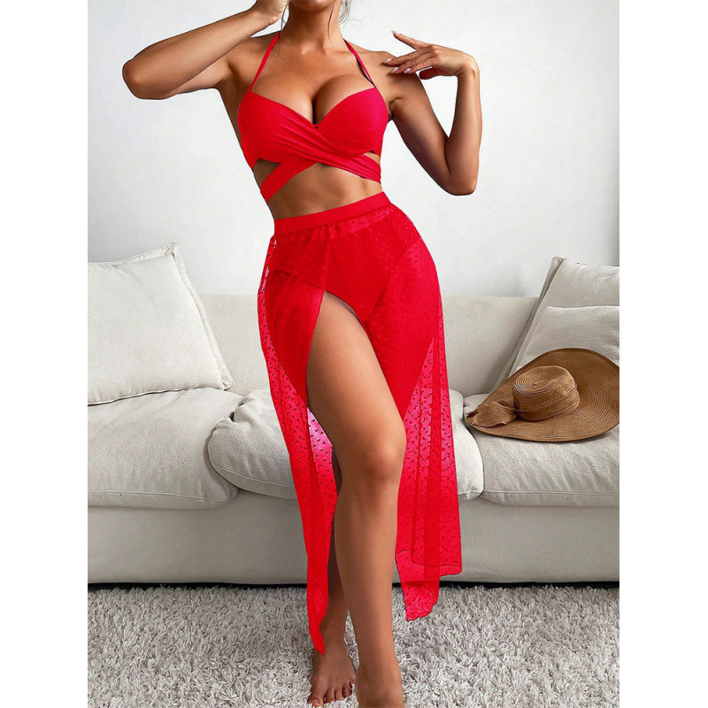 Dream Star trodjelni bikini set s mrežastom suknjom, umetkom za prsni dio, seksi uzorak, poliester 80% s podlogom 20%