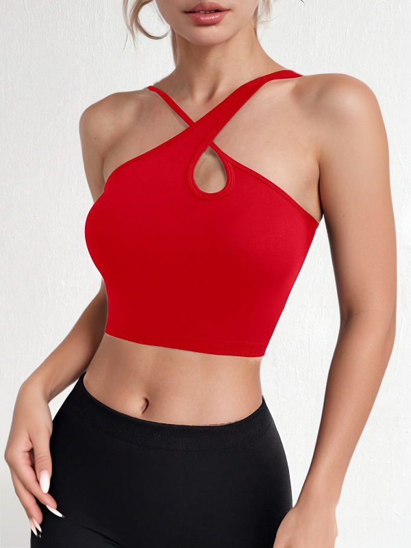 Ženski halter top za jogu i pilates, brzo sušenje i uklanjanje vlage, bezšivni pleteni materijal, 90% najlon + 10% elastan, uski kroj, dužina do struka, ljeto 2025