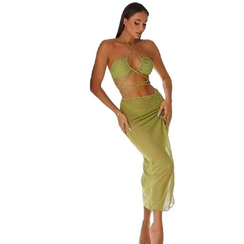 Trodjelni bikini set s dugom suknom na vezivanje u struku, otkriva struk, s jastučićima za prsima, jednofarban