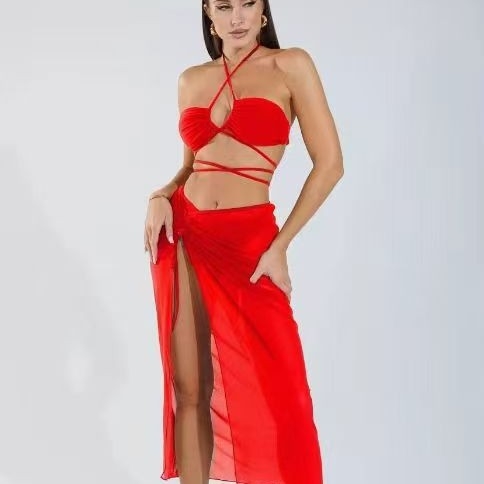 Trodjelni bikini set s dugom suknom na vezivanje u struku, otkriva struk, s jastučićima za prsima, jednofarban