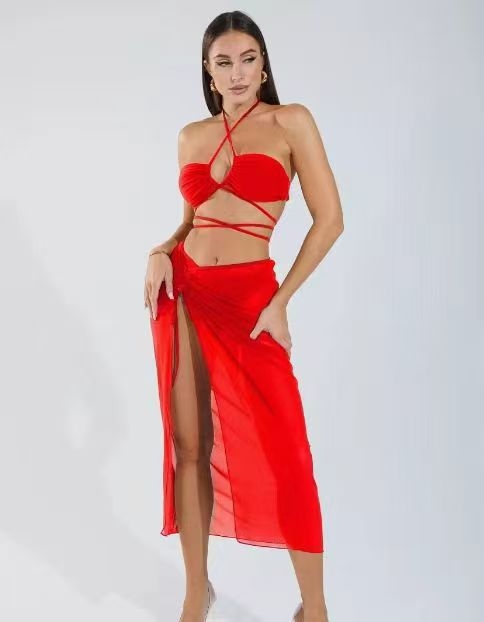 Trodjelni bikini set s dugom suknom na vezivanje u struku, otkriva struk, s jastučićima za prsima, jednofarban