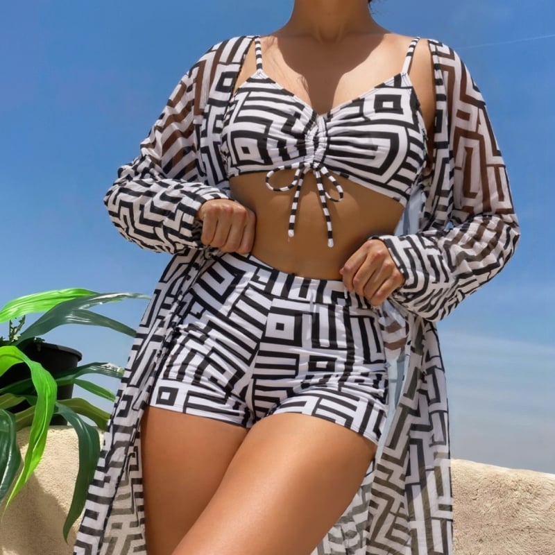 Trodijelni bikini set s digitalnim printom i vanjskim šorcima, brzo sušeći poliester za plivanje