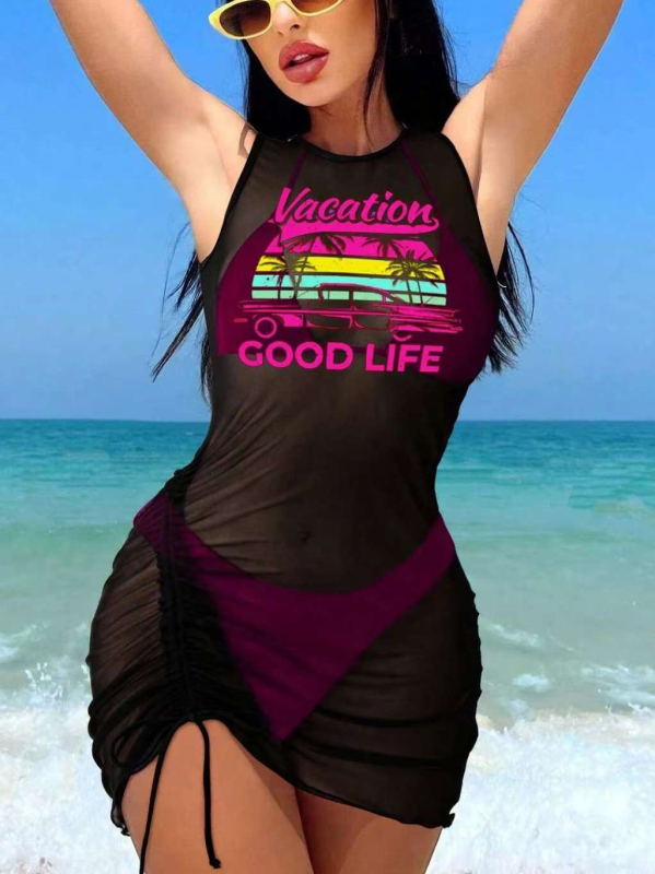 trokomponentni bikini set za žene s otiskom, poliester tkanina i poliester podstava, za plivanje
