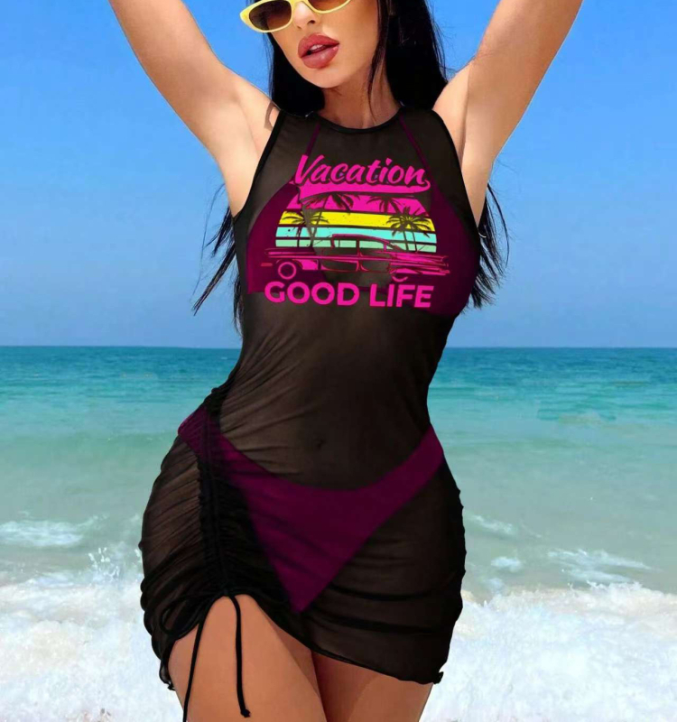 trokomponentni bikini set za žene s otiskom, poliester tkanina i poliester podstava, za plivanje