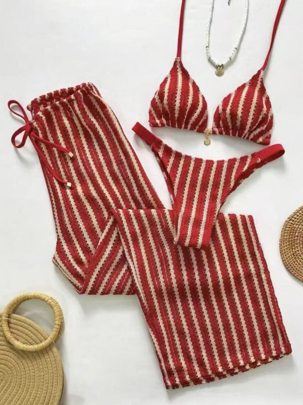 Trodjelni kupaći kostim s prugama i jastučićima za žene; visoka elastičnost; poliester 82%, podstava Spandex 12%