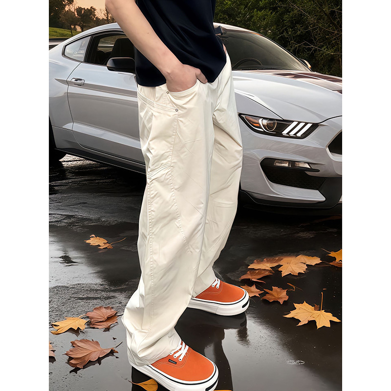 Pantaloni casual drepți pentru bărbați, talie medie, țesătură subțire, uscare rapidă, amestec poliester-acril