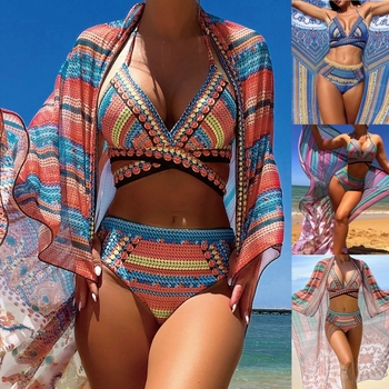 Trodjelni bikini s digitalnim otiskom, visokim strukom, top s jastučićima bez čelične potpore, elastični poliester (GSM 200)
