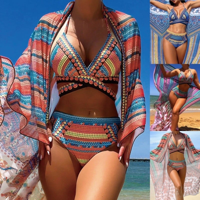 Trodjelni bikini s digitalnim otiskom, visokim strukom, top s jastučićima bez čelične potpore, elastični poliester (GSM 200)