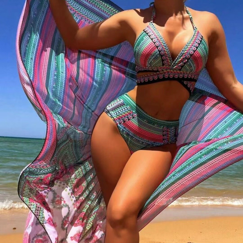 Trodjelni bikini s digitalnim otiskom, visokim strukom, top s jastučićima bez čelične potpore, elastični poliester (GSM 200)