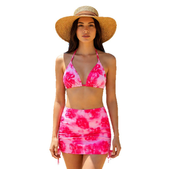 Set de bikini din trei piese pentru femei, imprimeu Tie-Dye, material poliester, cupe căptușite, elasticitate ridicată
