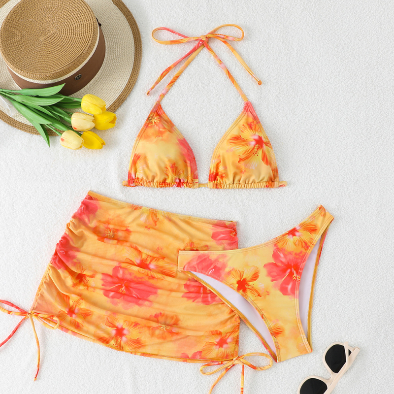 Set de bikini din trei piese pentru femei, imprimeu Tie-Dye, material poliester, cupe căptușite, elasticitate ridicată