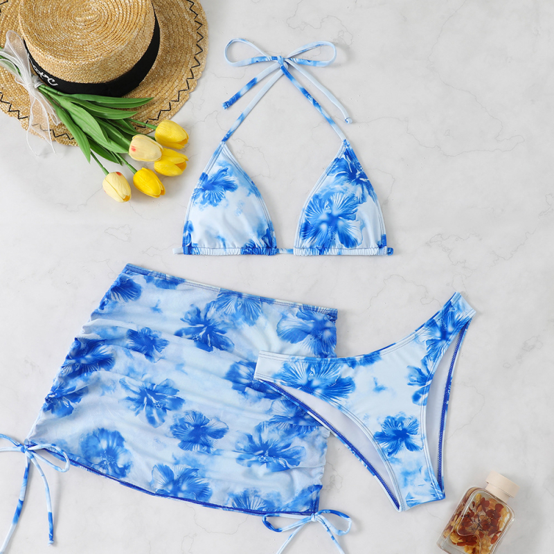 Set de bikini din trei piese pentru femei, imprimeu Tie-Dye, material poliester, cupe căptușite, elasticitate ridicată