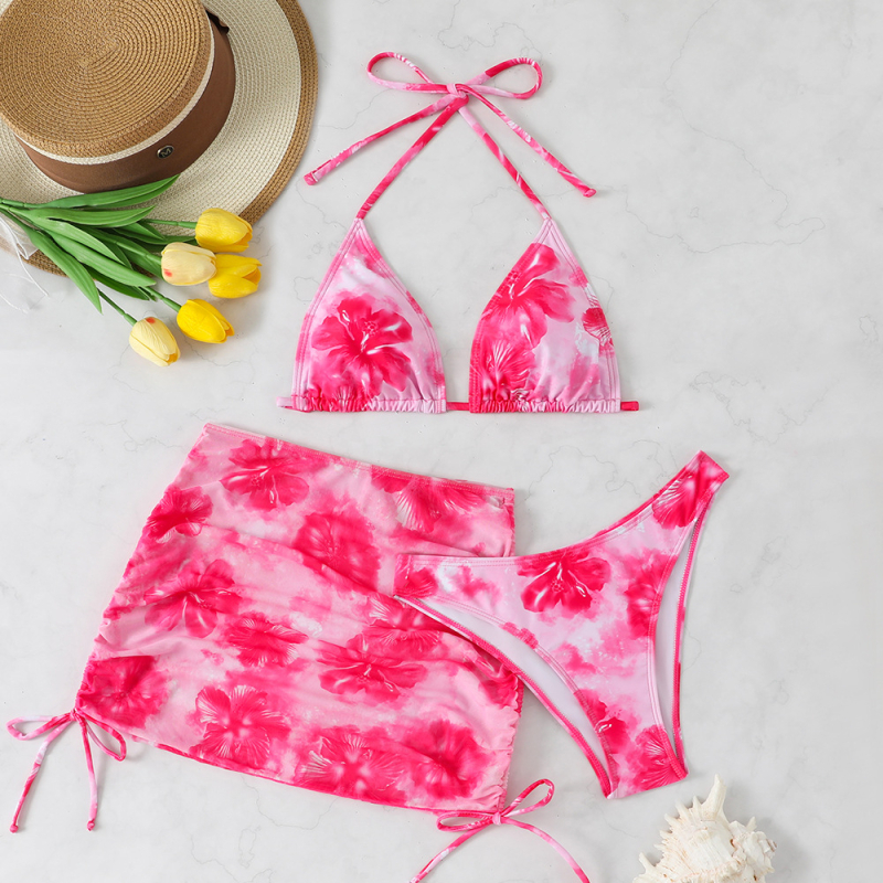 Set de bikini din trei piese pentru femei, imprimeu Tie-Dye, material poliester, cupe căptușite, elasticitate ridicată