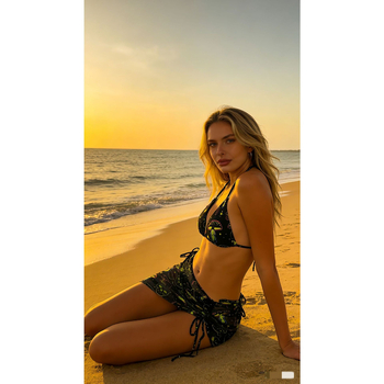 Set bikini pentru femei – imprimeu floral, fără mâneci, slip tip briefs, cu pernă pentru bust, material poliester, căptușeală din spandex