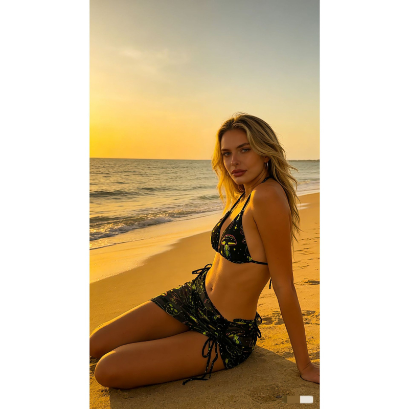 Set bikini pentru femei – imprimeu floral, fără mâneci, slip tip briefs, cu pernă pentru bust, material poliester, căptușeală din spandex