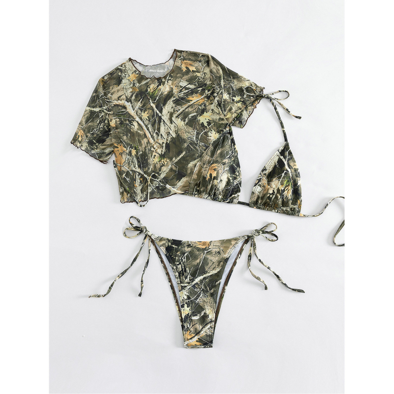 Set bikini pentru femei – imprimeu floral, fără mâneci, slip tip briefs, cu pernă pentru bust, material poliester, căptușeală din spandex