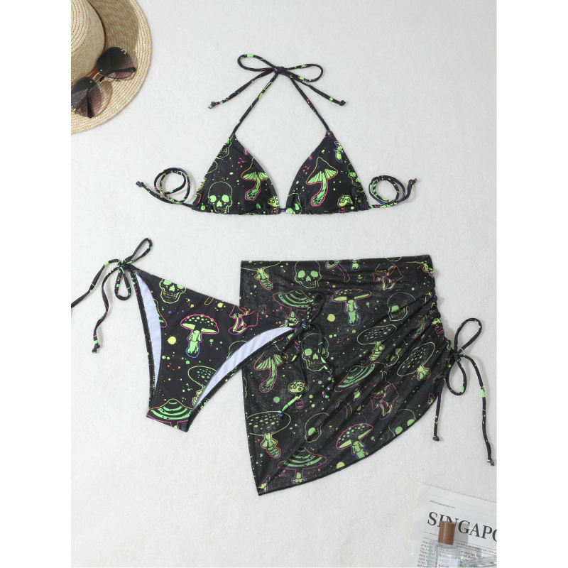 Set bikini pentru femei – imprimeu floral, fără mâneci, slip tip briefs, cu pernă pentru bust, material poliester, căptușeală din spandex