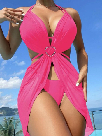 Set de bikini cu trei piese, guler halter, decupaj, cupă bust, talie înaltă, culoare solidă, material poliester-nylon cu căptușeală din spandex