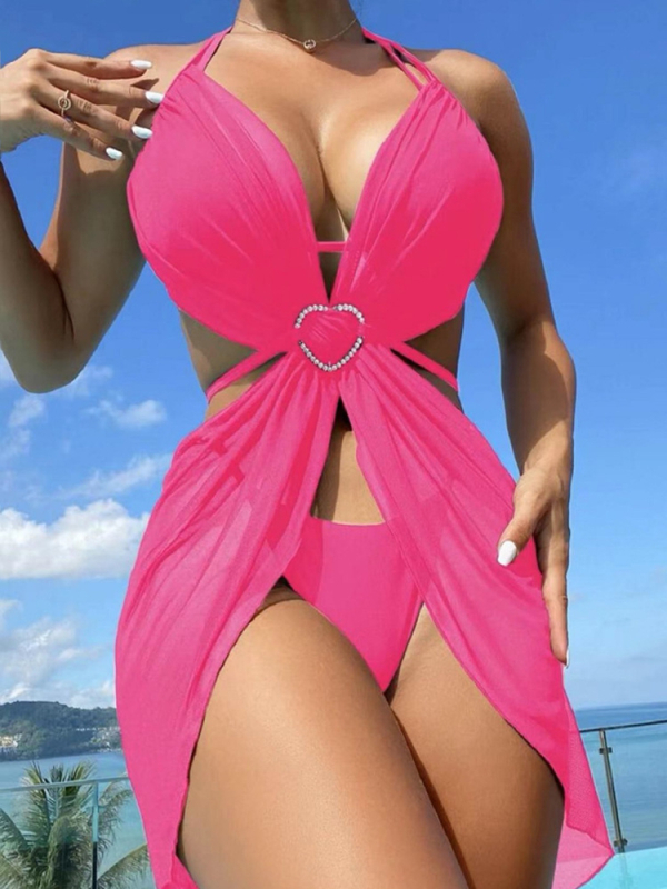 Set de bikini cu trei piese, guler halter, decupaj, cupă bust, talie înaltă, culoare solidă, material poliester-nylon cu căptușeală din spandex