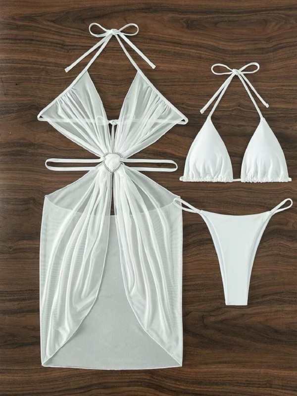 Set de bikini cu trei piese, guler halter, decupaj, cupă bust, talie înaltă, culoare solidă, material poliester-nylon cu căptușeală din spandex