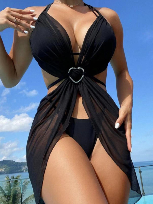 Set de bikini cu trei piese, guler halter, decupaj, cupă bust, talie înaltă, culoare solidă, material poliester-nylon cu căptușeală din spandex