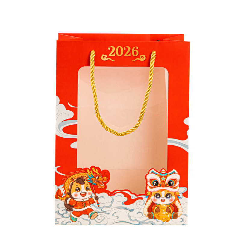 Torba za darove za Novu godinu s prozirnim prozorom - bijela karton - veličine: mala 18x10x25 cm; srednja 20x15x30 cm; velika 25x15x35 cm; minimalna 15x8x20 cm - gotove veličine i prilagodba - moguć tisak logotipa