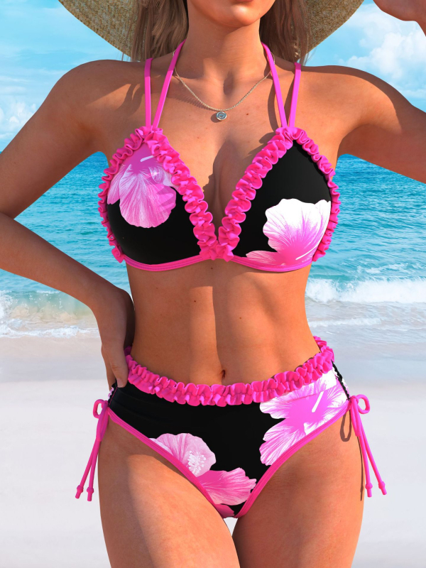 Ženski plus-size dvodijelni bikini kostim — visoki struk, bez leđa, bez rukava, s jastučićem za dojke, 82% poliester / 18% elastan
