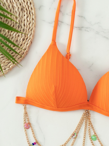 Bikini set s umetkom za grudi, jedinstvenog jednofarbnog uzorka, 18% elastan, južno-korejska svila za plivanje, podstava od poliestera