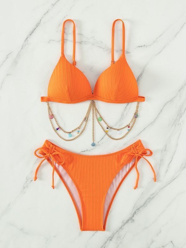Bikini set s umetkom za grudi, jedinstvenog jednofarbnog uzorka, 18% elastan, južno-korejska svila za plivanje, podstava od poliestera
